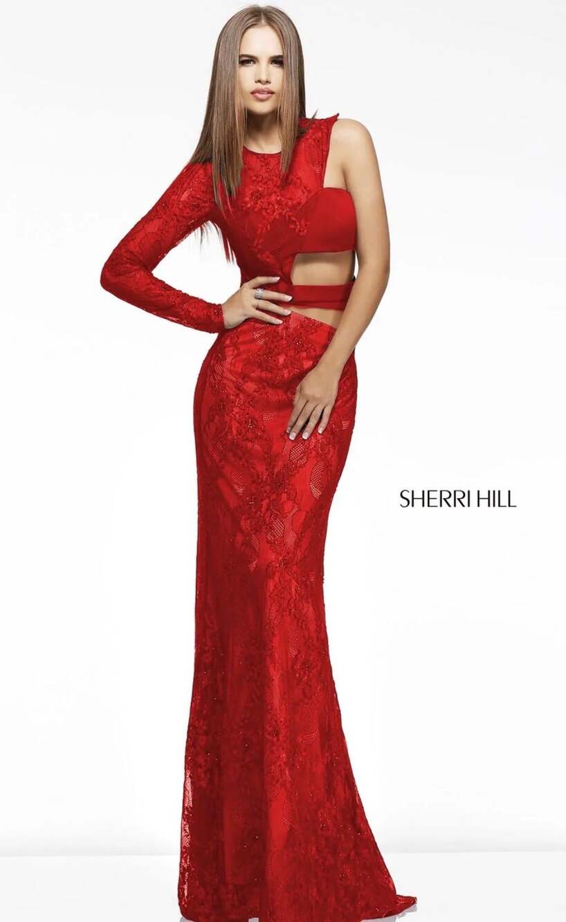 Sherri Hill 51304 Size 6 Red Lace Cutout Evening Gown